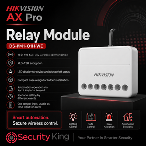 Hikvision AX Pro Relay Module with features listed on a dark background