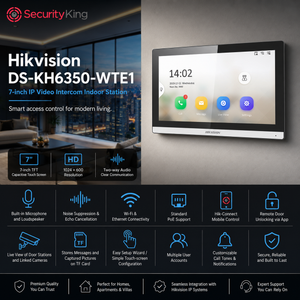 Hikvision DS-KH6350-WTE1 video intercom indoor station with features listed on a dark background.