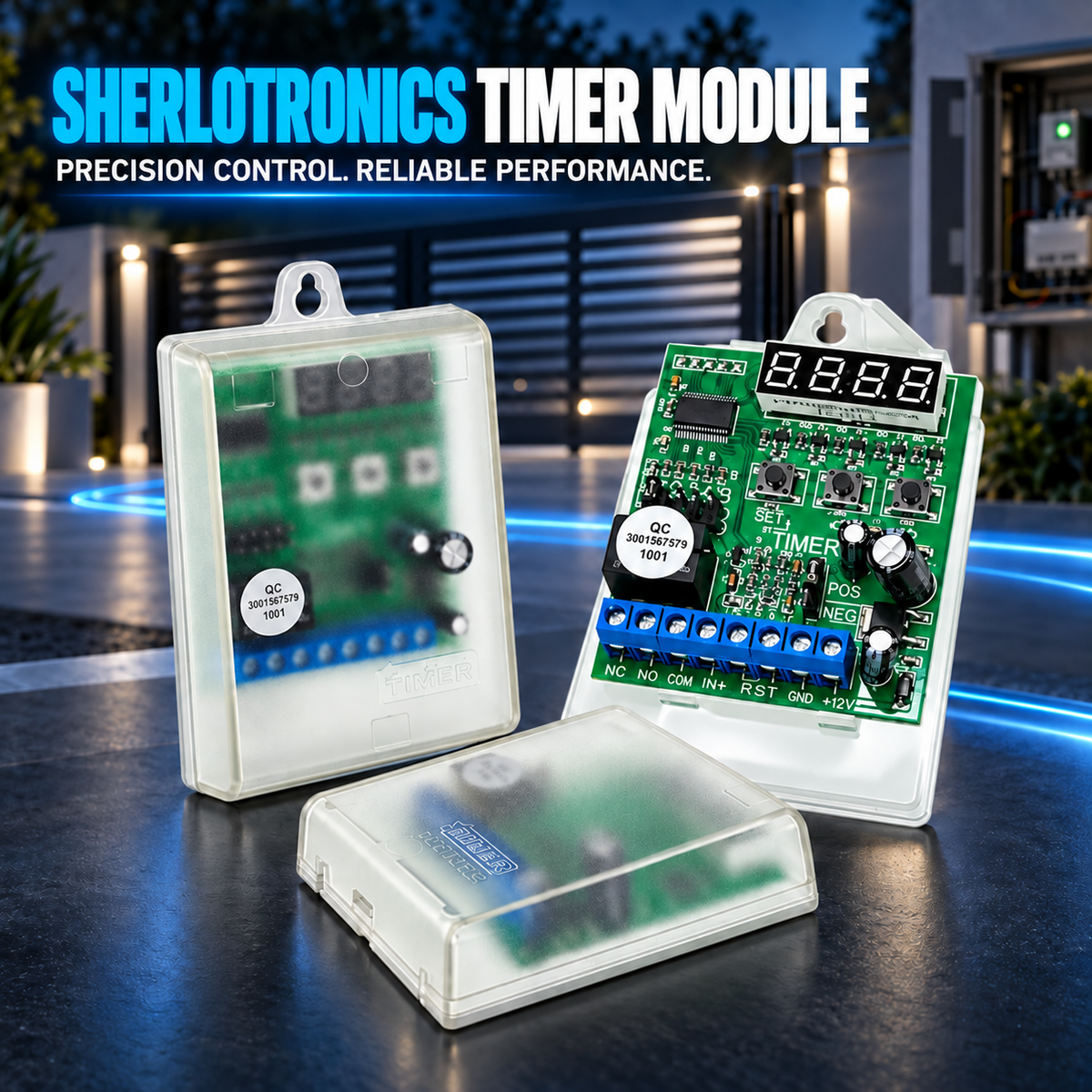 sherlotronics-timer-module-shown-in-three-states-open-showing-the-green-circuit-board-with-a-digital-display-closed-showing-the-internal-circuitry-and-in-a-translucent-protective-case-the-background-depicts-a-modern-outdoor-security-camera-enclosure-at-dusk-with-blue-led-lighting