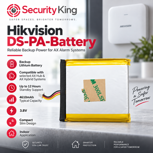 Security King Hikvision DS-PA-Battery lithium backup battery for AX alarm systems, shown on a countertop with product features listed on the left and a Hikvision device in the background.