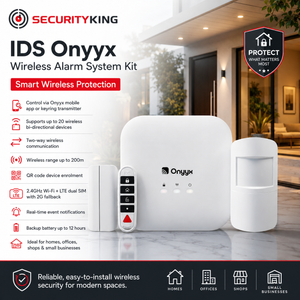 SecurityKing IDS Onyyx Wireless Alarm System Kit featuring a white main alarm control box, a white wireless sensor, and a red-and-black remote control, set against a modern home interior background with product features listed on the left.