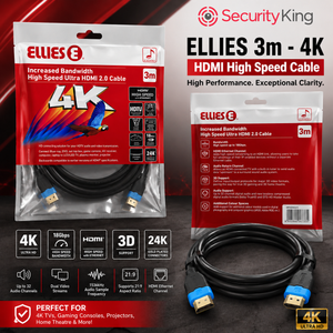 Security King Ellies 4K HDMI 2.0 cable shown in retail packaging and unboxed, with two black cables featuring blue connector tips on a dark background.