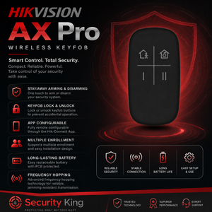 Hikvision Ax Pro wireless keyfob promotional graphic on a black background, showing a compact black keyfob with red glowing effects and feature callouts including stay/away arming, app configuration, long battery life, and security features. Security King branding appears at the bottom.