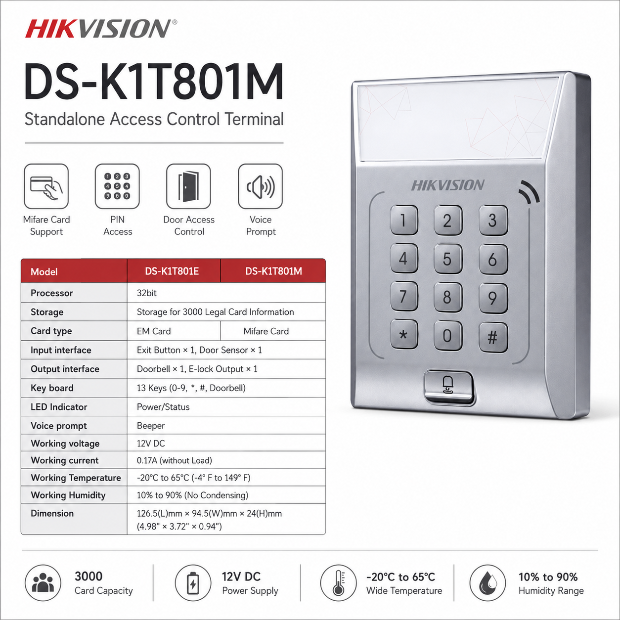 hikvision-ds-k1t801m-standalone-access-control-terminal-shown-on-a-white-background-with-product-specs-icons-and-feature-callouts-the-terminal-is-silver-with-a-black-numeric-keypad-and-a-small-screen-at-the-top