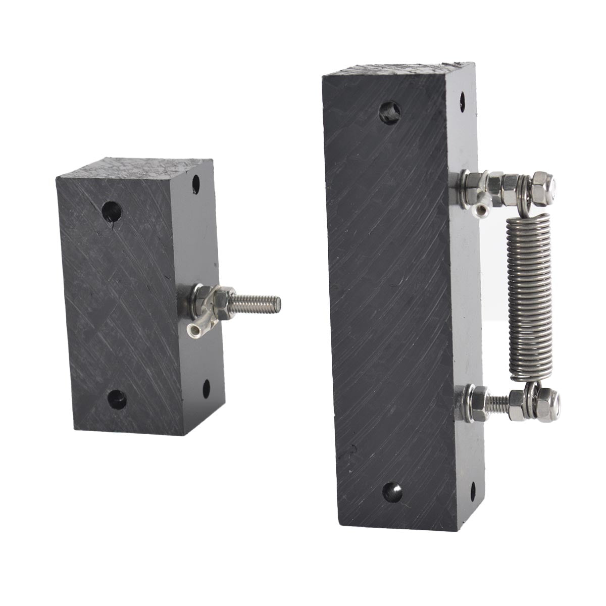 two-dark-gray-cast-iron-mounting-blocks-with-threaded-steel-bolts-and-a-coiled-steel-spring-shown-on-a-plain-white-background