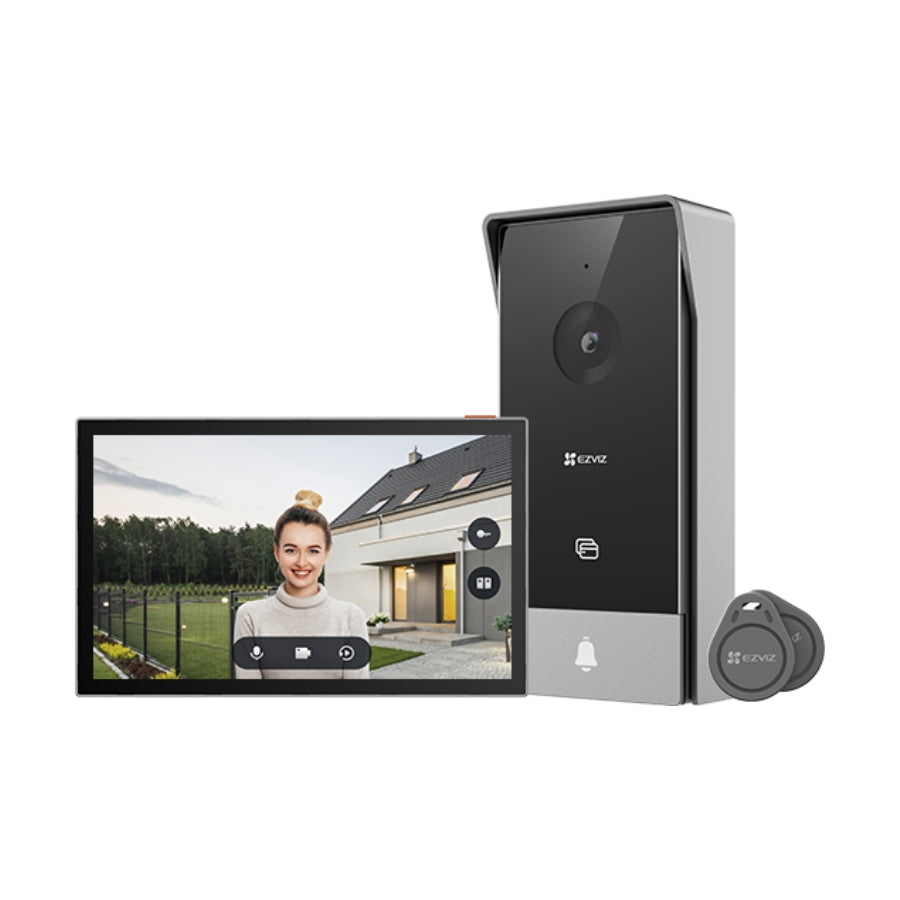 The image shows a video intercom kit which includes a black indoor monitor with a screen displaying an image of a woman at the door, and a black outdoor doorbell with a camera and button.