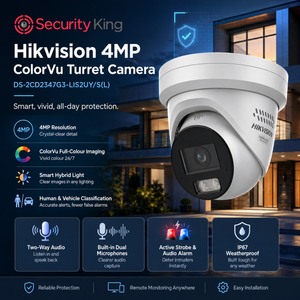 Security King Hikvision 4MP ColorVu Turret Camera promotional graphic showing a white dome security camera on a dark nighttime building background, with feature callouts and icons for 4MP resolution, colorVu full-color imaging, smart hybrid lighting, two-way audio, built-in dual microphones, active stroke and audio alarm, and IP67 weatherproof.