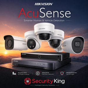 Hikvision AcuSense security camera system with multiple white dome and bullet cameras and a black NVR, set against a sunset sky background with 'Hikvision AcuSense' and 'Security King' branding.