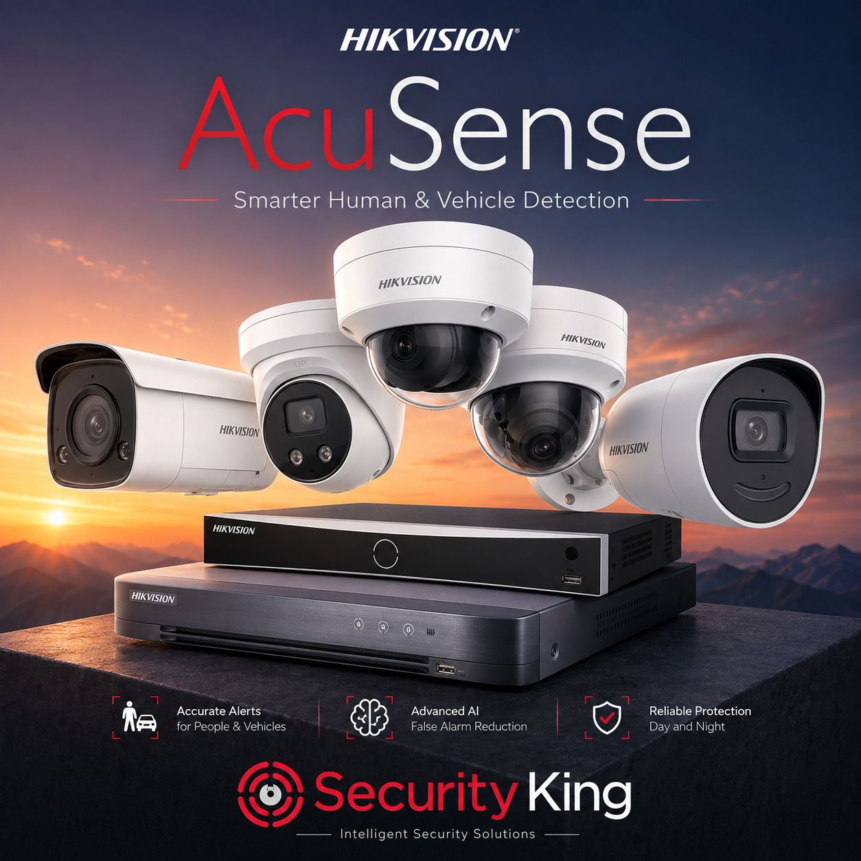 hikvision-acusense-security-camera-system-with-multiple-white-dome-and-bullet-cameras-and-a-black-nvr-set-against-a-sunset-sky-background-with-hikvision-acusense-and-security-king-branding