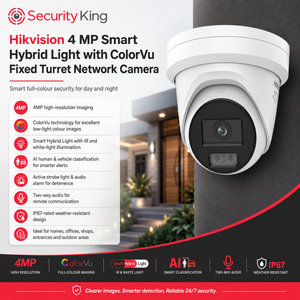 Security King Hikvision 4 MP Smart Hybrid Light with ColorVu fixed turret network camera shown in white on a dark wall, with product specs and feature icons displayed on the left and bottom.