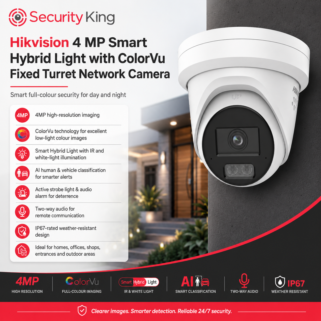 security-king-hikvision-4-mp-smart-hybrid-light-with-colorvu-fixed-turret-network-camera-shown-in-white-on-a-dark-wall-with-product-specs-and-feature-icons-displayed-on-the-left-and-bottom