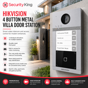 Security King HIKVISION 4-button metal villa door station intercom system shown mounted on a light gray exterior wall, with product features and specifications listed on the left side of the image.
