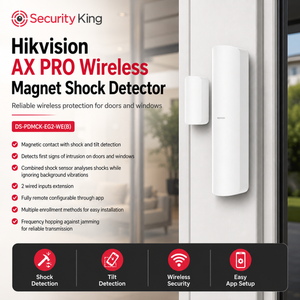 Security King Hikvision AX Pro Wireless Magnet Shock Detector shown mounted on a white door handle and door frame, with product features listed on the left and an app setup icon row at the bottom.