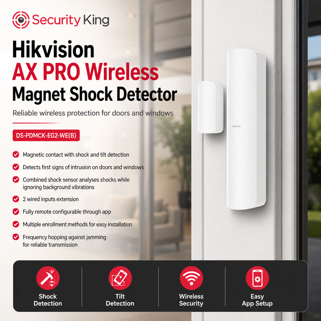 security-king-hikvision-ax-pro-wireless-magnet-shock-detector-shown-mounted-on-a-white-door-handle-and-door-frame-with-product-features-listed-on-the-left-and-an-app-setup-icon-row-at-the-bottom