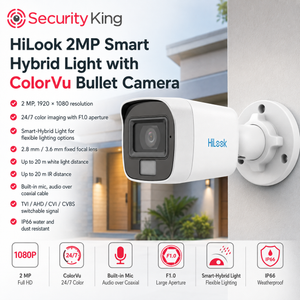 Security King HiLook 2MP Smart Hybrid Light with ColorVu Bullet Camera in white, shown mounted on a light gray wall with a house background and feature icons below.