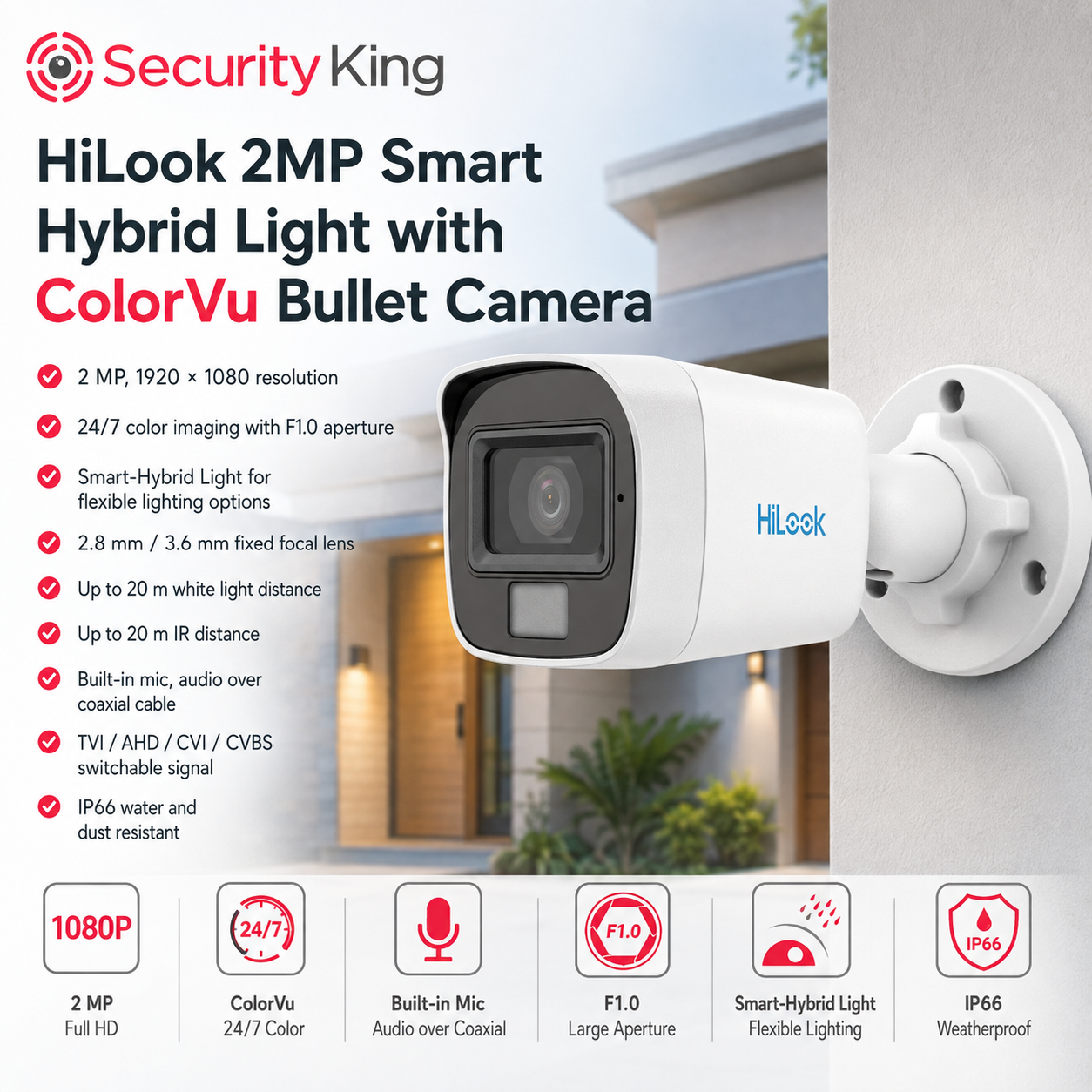 security-king-hilook-2mp-smart-hybrid-light-with-colorvu-bullet-camera-in-white-shown-mounted-on-a-light-gray-wall-with-a-house-background-and-feature-icons-below