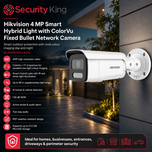 Security King branded promotional graphic for a Hikvision 4 MP Smart Hybrid Light with ColorVu fixed bullet network camera, showing the white and black camera mounted on a dark exterior wall with feature callouts and icons.