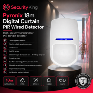 SecurityKing Pyronix 18m Digital Curtain PIR Wired Detector shown on a black pedestal against a dark interior background, with product text, feature icons, and a grade 2 security badge.