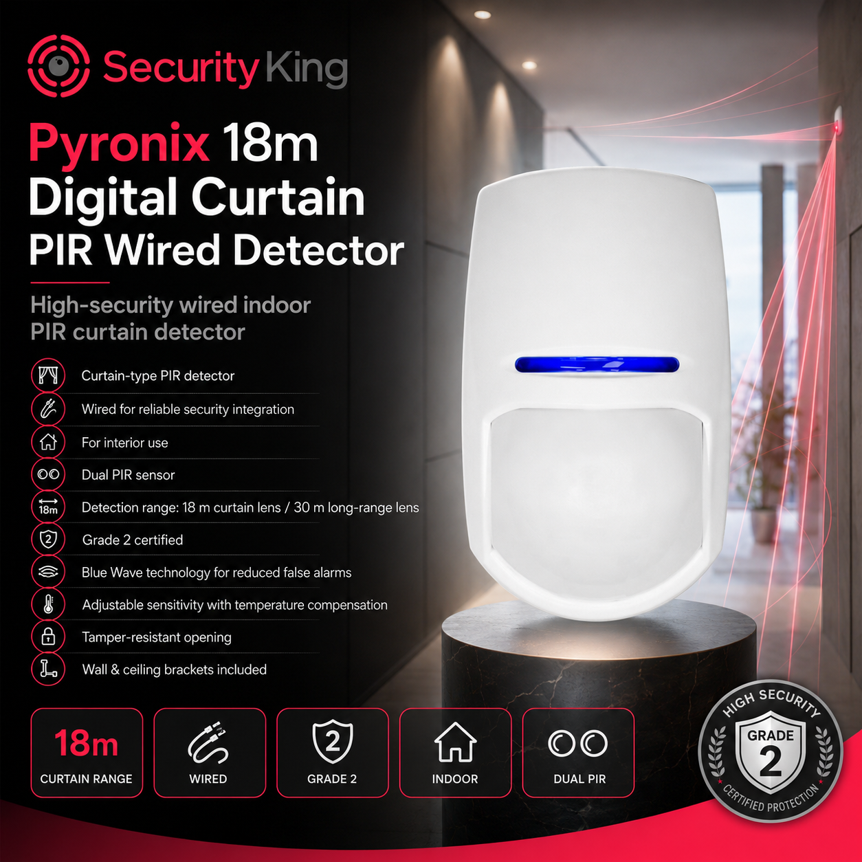 securityking-pyronix-18m-digital-curtain-pir-wired-detector-shown-on-a-black-pedestal-against-a-dark-interior-background-with-product-text-feature-icons-and-a-grade-2-security-badge