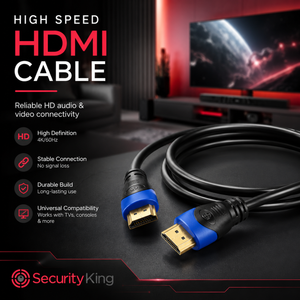 A black HDMI cable with blue and gold connector housings, shown coiled on a dark surface with a blurred gaming setup in the background. Large text reads 'HIGH SPEED HDMI CABLE' and lists features like high definition, stable connection, durable build, and universal compatibility.