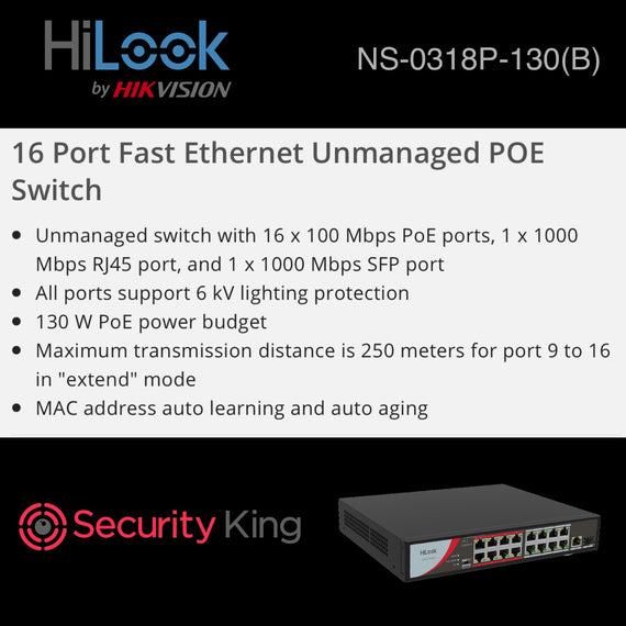 HiLook 16 Port Fast Ethernet Unmanaged POE Switch
